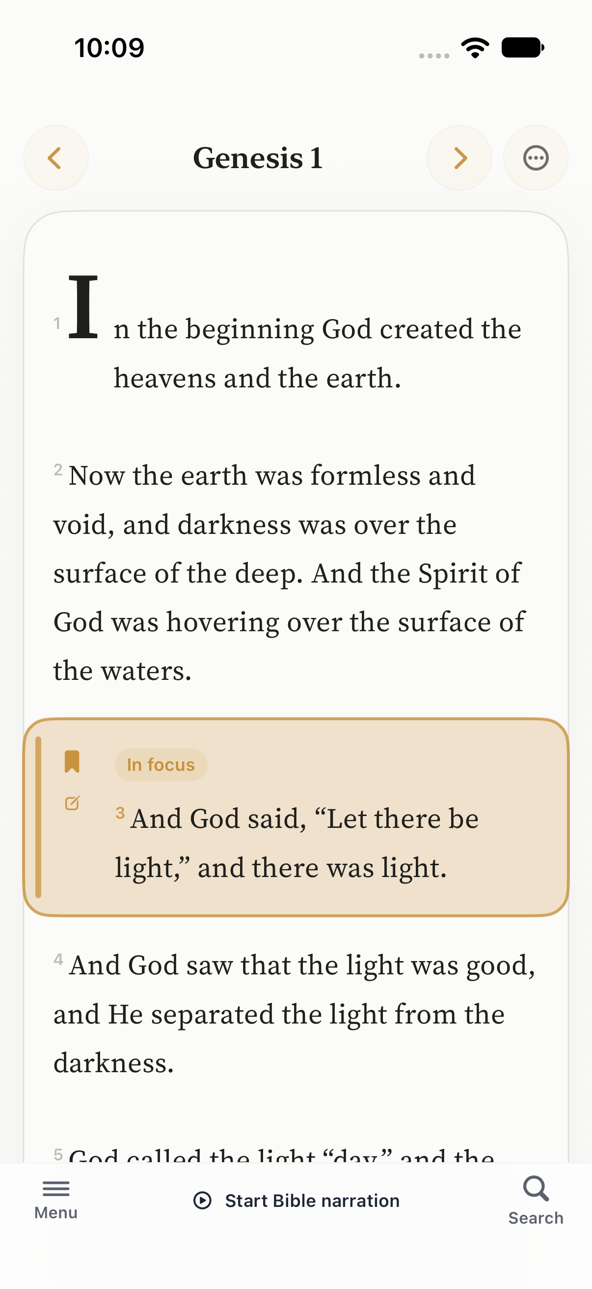 FaithVoice Bible reader with chapter listening controls on iPhone