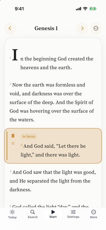FaithVoice Bible reader showing Genesis on iPhone
