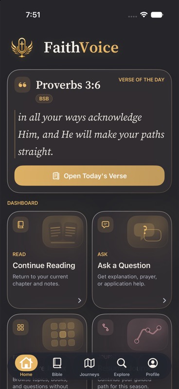 FaithVoice Home screen with reading progress and daily actions