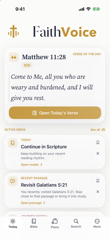 FaithVoice Today screen showing a daily verse, reading progress, and next steps